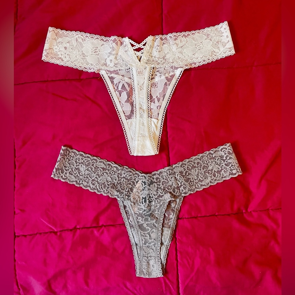 A SET OF 2 VICTORIA’S SECRET THONGS: Large size, Creme and Taupe